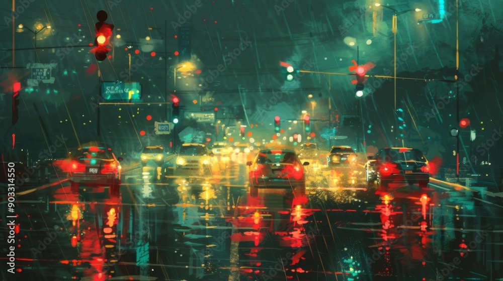 Poster a busy intersection with traffic lights shining through the rain and car headlights.