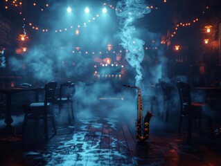 A saxophone rests on a table in a dimly lit jazz bar.