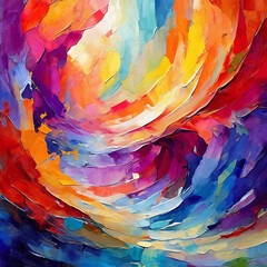 Obraz premium A colorful abstract painting with overlapping brushstrokes in various hues and shades