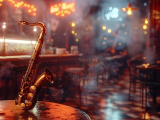 A saxophone rests on a table in a dimly lit jazz bar.