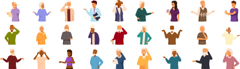 Dementia man icons set. Diverse group of seniors and caregivers expressing different emotions, such as confusion, frustration, and concern