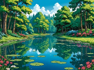 Fototapeta premium a serene landscape with a clear blue lake reflecting the sky, surrounded by lush green trees and colorful flowers, comic art