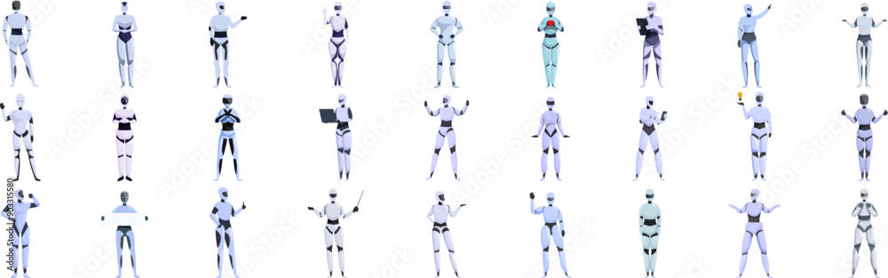 Poster lady robot icons set. diverse collection of robots assuming various poses and engaging in different 