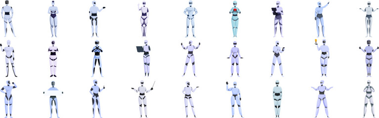 Lady robot icons set. Diverse collection of robots assuming various poses and engaging in different activities, showcasing their versatility and capabilities