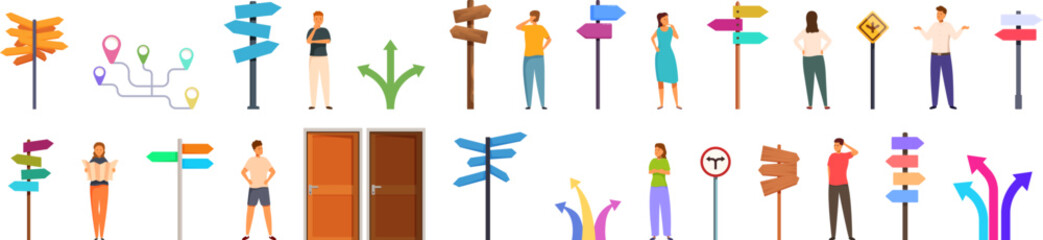 Choosing multiple directions icons set. People are pondering their next move while standing at a crossroads with a signpost pointing in multiple directions