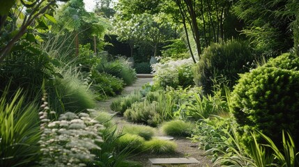 Summer garden with lush greenery and groundcover foliage