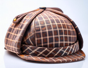 Unique brown checkered hat, leather accents, distinctive crown design