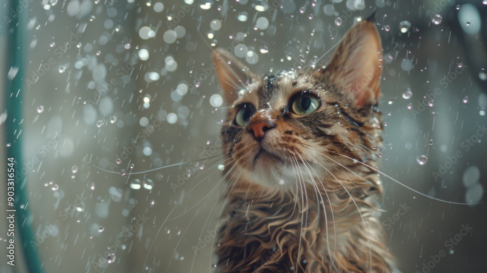Poster a cat in a shower with a playful look, water streaming down its face.