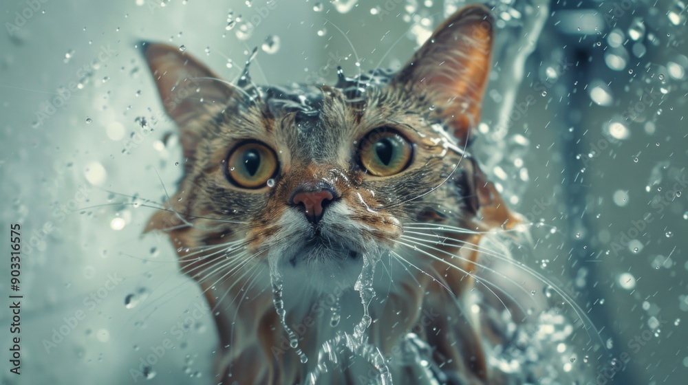 Poster a cat in a shower with a playful look, water streaming down its face.