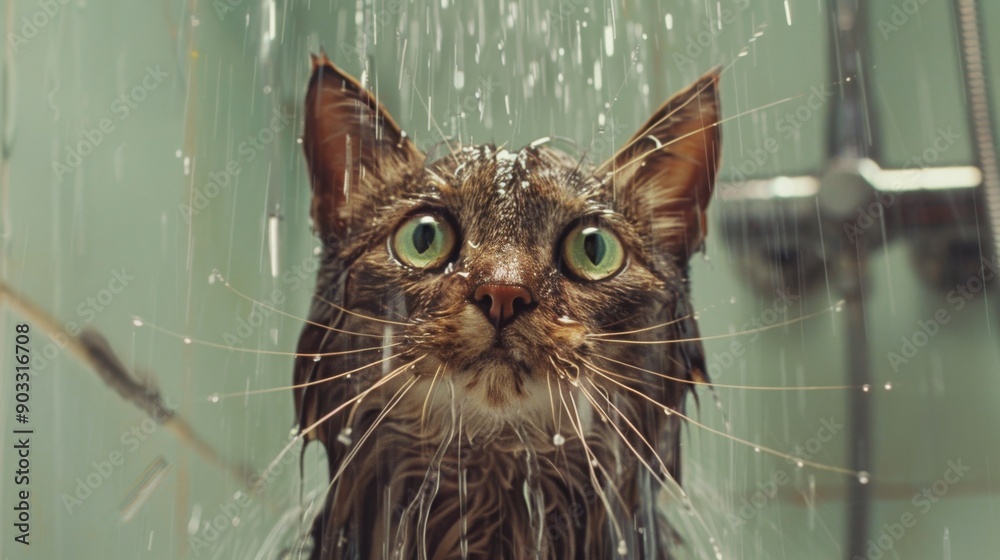 Poster a cat in a shower with water running over its fur, eyes wide open.