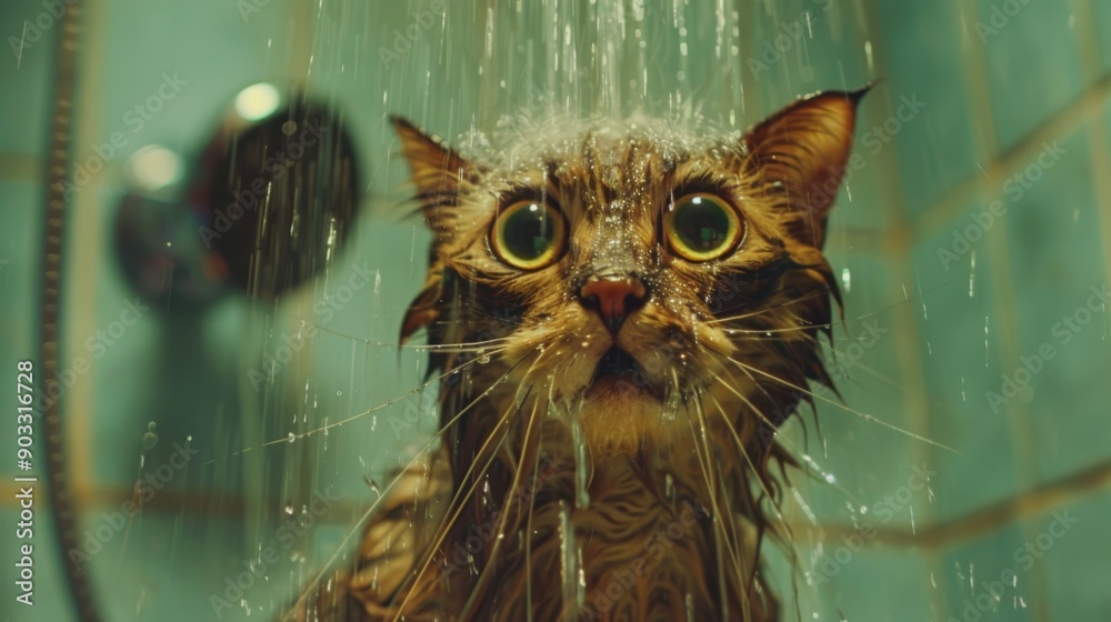 Poster a cat in a shower with water running over its fur, eyes wide open.