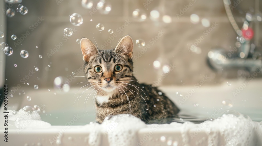 Poster a cat sitting in a bathtub with soapy bubbles and a content expression