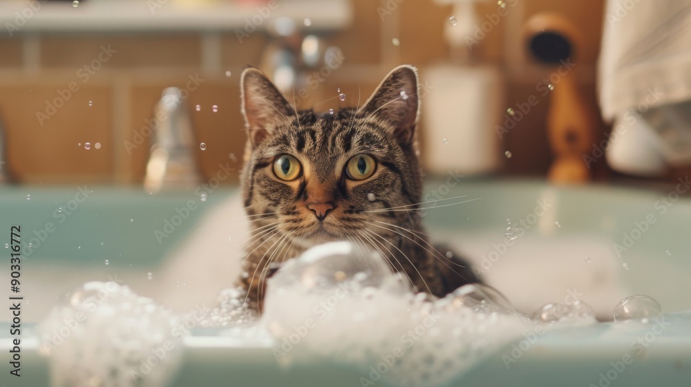 Poster a cat sitting in a bathtub with soapy bubbles and a content expression