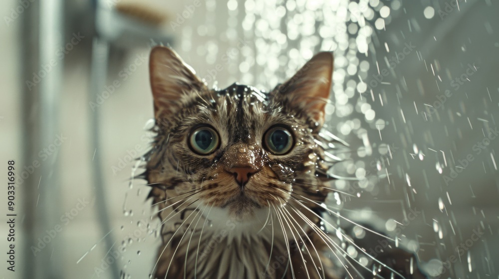 Poster a cat in a shower with a playful look, water streaming down its face.