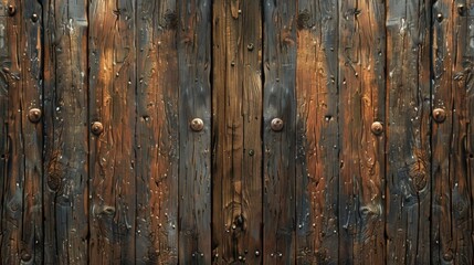 Naklejka premium Rustic wooden planks with iron nails, weathered and aged.