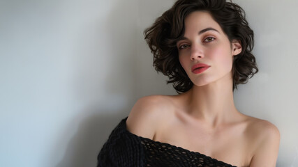 A studio portrait of a glamorous woman with black hair and wearing a black sweater. Bare shoulders. Dramatic pose and ample copy space.