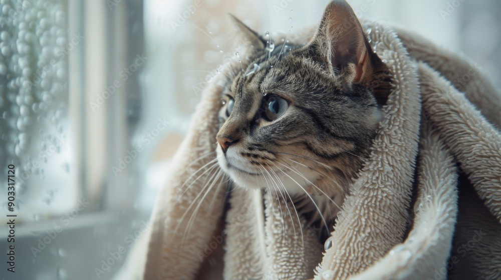 Poster a cat wrapped in a towel after a shower, looking calm and relaxed