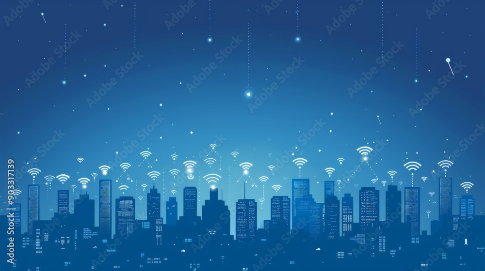 Poster A city skyline with digital icons representing wireless communication networks.