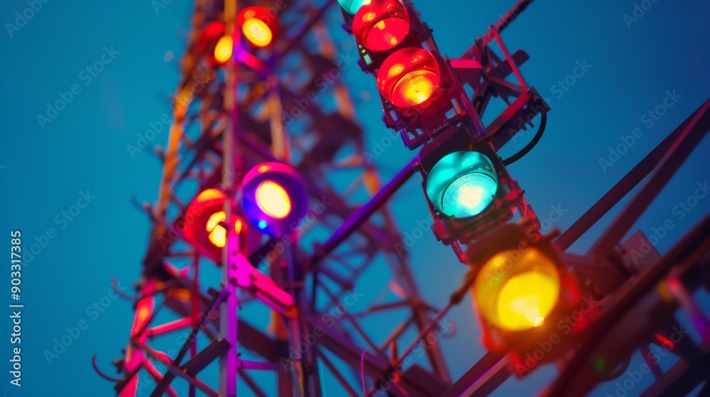 Fototapete a close-up of a signal tower with colorful lights, highlighting its intricate structure