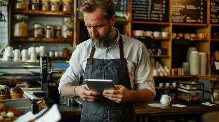 Fototapeta premium A person holding a tablet standing in front of a counter, great for stock photos