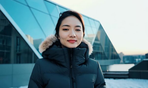 Medium shot portrait of a Chinese woman in her 30s in a modern architectural background wearing a warm parka