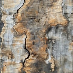 Naklejka premium Closeup of a tree trunk's intricate grain patterns with natural cracks and textures.