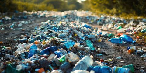 Large amount of plastic waste and bottles scattered along a rural dirt road, illustrating severe environmental pollution.