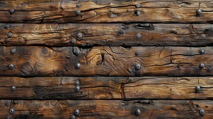 Naklejka premium Rustic wooden planks with iron nails, weathered and aged.