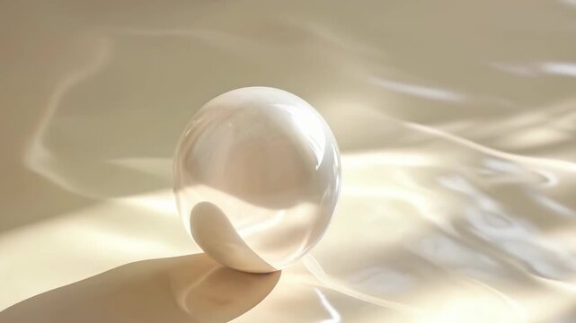 A single reflective pearl sphere rests on smooth white satin, bathed in soft, gentle light. The serene setting creates a calm and peaceful mood, emphasizing the sphere's delicate beauty and the