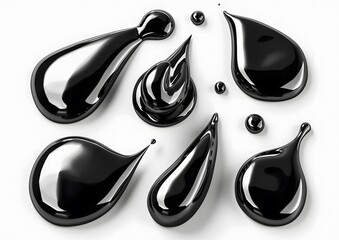 Obraz premium Black liquid metal drops in different shapes on a white background.