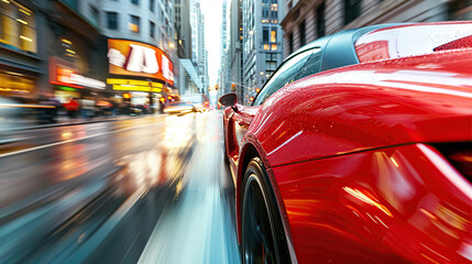 Fototapeta premium A red sports car was driving down the street at dusk