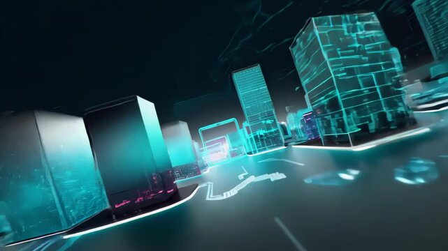 Low-angle close-up: Holographic city map projects from cat's eyes. Hyperlapse zooms through neon-lit virtual streets. Vibrant cyan hues dominate, conveying high-speed data transfer in digital realm.	