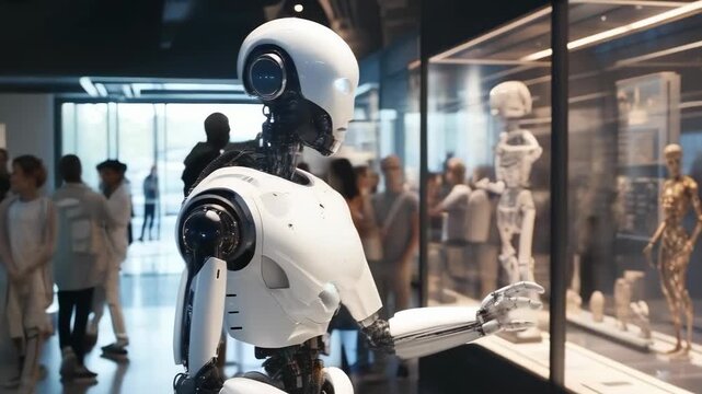 A futuristic white robot examines a human evolution exhibit in a museum filled with diverse visitors. The museum is modern, with glass cases displaying skeletons and artifacts. The scene occurs