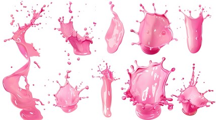 Pink splash shapes flying on a white background
