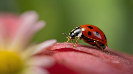 Fototapeta premium Ladybugs are sitting on flowers and leaves.