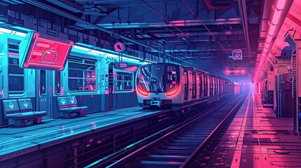 Fototapeta premium Futuristic subway station with vibrant neon lights and a sleek train arriving