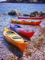 A group of kayaks situated on a rocky beach, suitable for outdoor and adventure themes