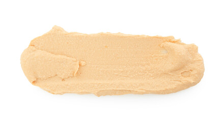 Sample of delicious hummus isolated on white, top view