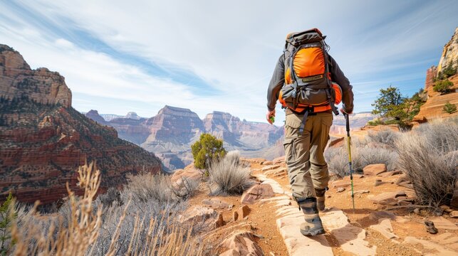 A solitary hiker treks across a challenging mountain trail, framed by dramatic rock formations and expansive natural scenery. The hiker, outfitted with high-quality hiking equipment and protective