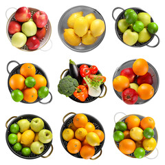 Set of colanders with fresh fruits and vegetables isolated on white, top view