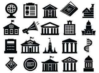 icons set, A stylized representation of a school or university building white background and only black color
