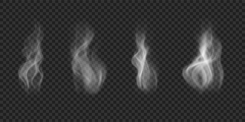 Mist wavy cloud, hot food steam, cigarette vapor. Set of vector icons isolated on transparent backdrop © Picture Store