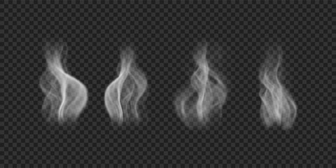 White wavy smoke over food, hot drinks, cigarettes. Set of realistic icons of steam on water, tea, coffee © Picture Store