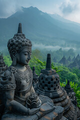Majestic Buddha Statue Overlooking Misty Mountains and Verdant Forest in Tranquil Morning