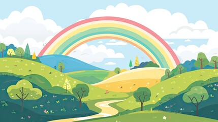 Obraz premium Colorful rolling hills and rainbow over a whimsical landscape