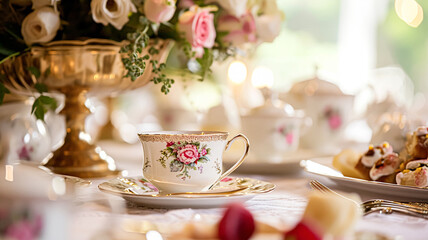 Fototapeta premium Delightful afternoon tea spread featuring a tiered cake stand brimming with cupcakes, scones, and sweet pastries, accompanied by a floral porcelain tea set