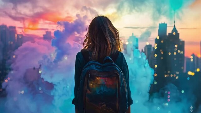 Young woman standing in front of colorful smoke bombs with a backdrop of the city at sunset. For wanderlust meme.