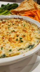 Delicious Creamy Spinach and Artichoke Dip with Crispy Chips and Fresh Veggies