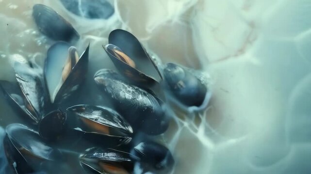 Close-up of steamed mussels releasing steam in a rustic kitchen. The blue-black mussel shells open to reveal the orange flesh, creating visual contrast. Dramatic lighting emphasizes the smoky, savory
