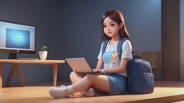 rendered cute girl sit crossed legs hold laptop studying and pointing up girl Illustrations seamless loop animation